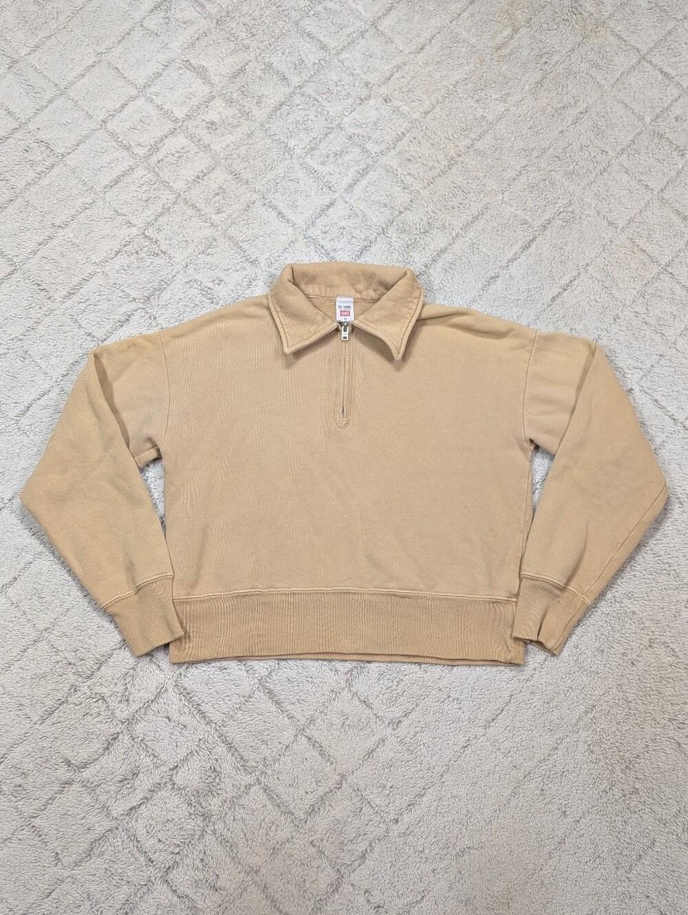 Re/done Hanes Sweatshirt Womens XS Beige Khaki 70s ½ Zip Cotton Terry Pullover